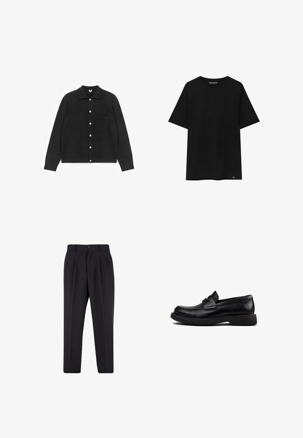 Cardigan noir boutonné en tissu doux. Il possède un col, des manches longues et une poche poitrine. Les boutons sont blancs. Texture lisse.; T-shirt noir à manches courtes en coton, avec un col ras du cou et une petite étiquette de marque en bas à gauche.; Pantalon noir sur mesure avec plis à l'avant, passants pour ceinture et fermeture par bouton à la taille.; Mocassins noirs en cuir à enfiler avec un bout arrondi, semelle basse et une bande décorative sur le dessus.