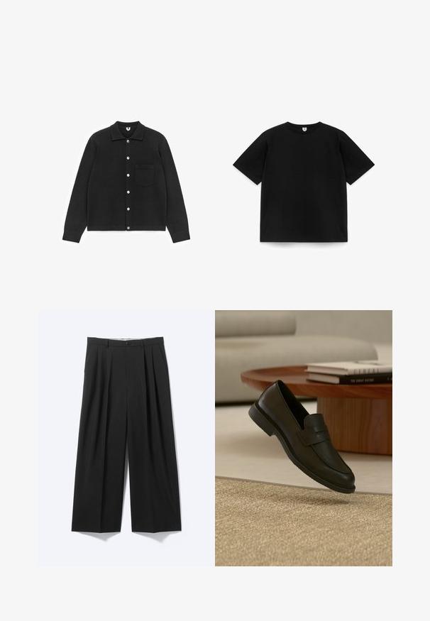 Cardigan noir boutonné en tissu doux. Il possède un col, des manches longues et une poche poitrine. Les boutons sont blancs. Texture lisse.; T-shirt noir uni à manches courtes, col rond, posé à plat sur un fond blanc, montrant la vue de face sans logos ni motifs visibles.; Pantalon noir à jambes larges avec plis sur le devant, passants pour ceinture et fermeture à bouton, présenté sur un fond clair uni.; Chaussure mocassin en cuir noir présentée en suspension au-dessus d'un tapis beige tissé, avec une table en bois et des livres empilés dans un salon doucement éclairé.