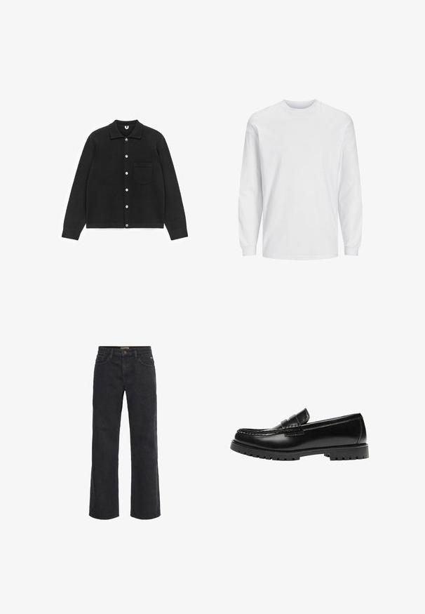 Sort cardigan med knapper lavet af blødt stof. Har krave, lange ærmer og en brystlomme. Knapperne er hvide. Glat tekstur.; Langærmet hvid t-shirt lavet af bomuld. Har rund hals og ensfarvet design uden mønstre eller accenter. Blød, glat tekstur.; Sorte denim bukser med vid ben, knaplukning, fem lommer og en let slidt tekstur. Lige snit fra talje til søm.; Sort læderloafer med en kraftig gummisål og klassiske penny-strap detaljer, vist fra ydersiden.