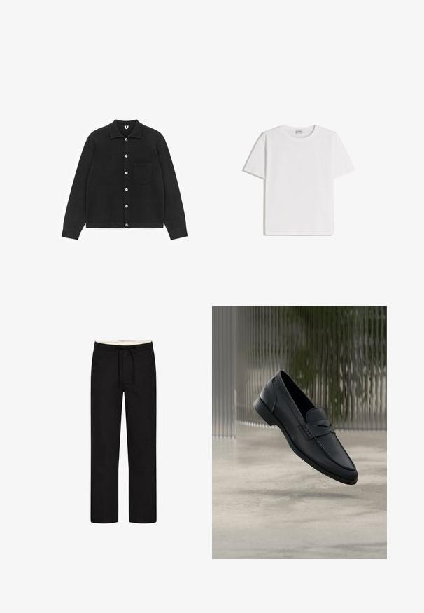 Sort cardigan med knapper lavet af blødt stof. Har krave, lange ærmer og en brystlomme. Knapperne er hvide. Glat tekstur.; Hvid bomuld T-shirt med rund halsudskæring og korte ærmer. Har en klassisk, firkantet form uden synlige mønstre eller detaljer.; Sorte straight-leg bukser med elastisk liv, snor og en understated design. Blød stofstruktur. Ingen synlige mønstre eller accenter.; Sort læderloafer med glat finish, spids tå og sømdetaljer over vristen. Lav hæl og minimalistisk design.