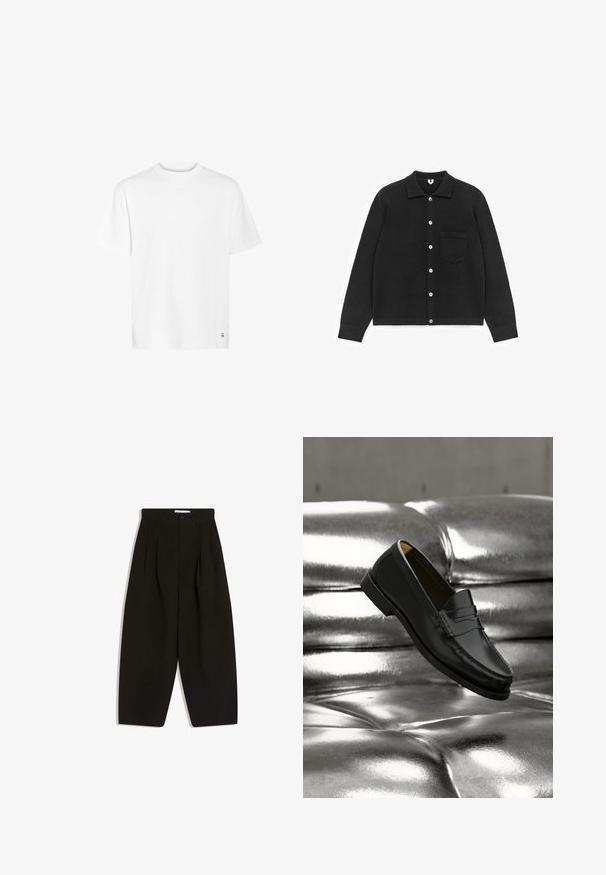 Sort cardigan med knapper lavet af blødt stof. Har krave, lange ærmer og en brystlomme. Knapperne er hvide. Glat tekstur.; Hvid bomulds t-shirt med rund halsudskæring, korte ærmer og lige kant. Har et lille logo detaljeret i nederste hjørne.; Sorte bukser med vide ben lavet af blødt stof, med plisseret front, knaplukning og sidelommer for ekstra funktionalitet.; Sort læderloafer svæver over en skinnende sølvfarvet, polstret lædersofa i et minimalistisk miljø.
