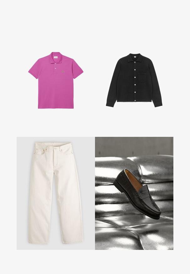 Sort cardigan med knapper lavet af blødt stof. Har krave, lange ærmer og en brystlomme. Knapperne er hvide. Glat tekstur.; Pink polo skjorte lavet af bomuld med korte ærmer, ribbet krave og to-knaps lukning. Har et grønt Lacoste-logo på brystet.; Off-white jeans med lige ben, fem lommer, bæltestropper, knaplukning og synlige syninger på en lys baggrund.; Sort lædersko med krokodillemønster, svævende over en skinnende sølvfarvet sofa med knapper, der fremhæver skoens detaljer og tekstur i nærbillede.