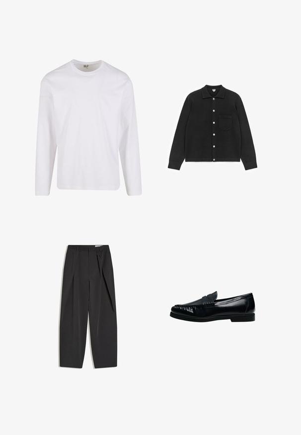 Sort cardigan med knapper lavet af blødt stof. Har krave, lange ærmer og en brystlomme. Knapperne er hvide. Glat tekstur.; Hvid langærmet t-shirt lavet af blød bomuld, med en rund halsudskæring og et enkelt, sømløst design uden grafiske mønstre eller pynt.; Sorte sorte bukser med høj talje, skræddersyede med læg, bæltestropper og lige ben, vist fladt på en hvid baggrund.; Sort herre penny loafer i læder med syninger på mok-toe og lav hæl, vist i sideprofil på hvid baggrund.