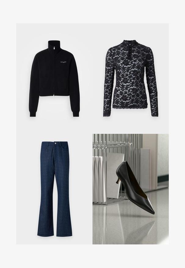 Sort lynlåstrøje med høj krave, to forlommer og ribstrikkede ærmeafslutninger. Har en lille hvid logo på brystet. Blød tekstur.; Rosemunde Langærmet T-shirt - black; Mørkeblå jeans med bredde i buksebenene, der har et prikket mønster over hele, fem lommer og knaplukning i metal. Fremstillet af denimstof.; Sort læder sko med spids tå og lav hæl, der svæver over en grå plettet gulv, ved siden af en metal filopsamler med mapper.