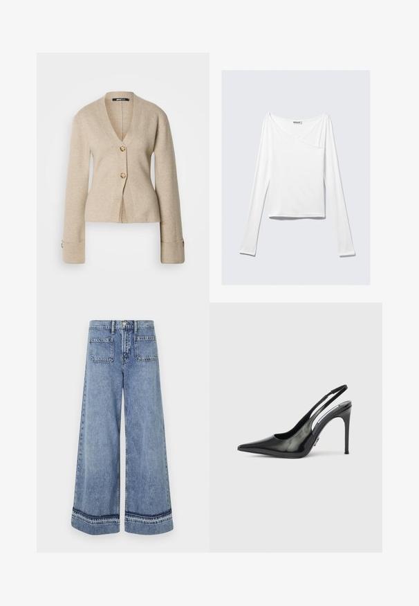 Cardigan beige en V avec des manches longues, deux boutons en écaille de tortue à l'avant et des poignets boutonnés, présenté sur fond blanc.; Haut blanc à manches longues avec un design croisé et une poche. Fabriqué dans un tissu lisse et extensible. Coupé dans une coupe décontractée et ample.; Jean en denim bleu clair à jambes larges avec une taille haute, deux poches arrière et des coutures contrastantes le long des ourlets.; Escarpin noir en cuir verni à bride arrière, talon haut, bout pointu, côtés découpés et talon fin. Finition brillante avec des détails matériels minimaux.