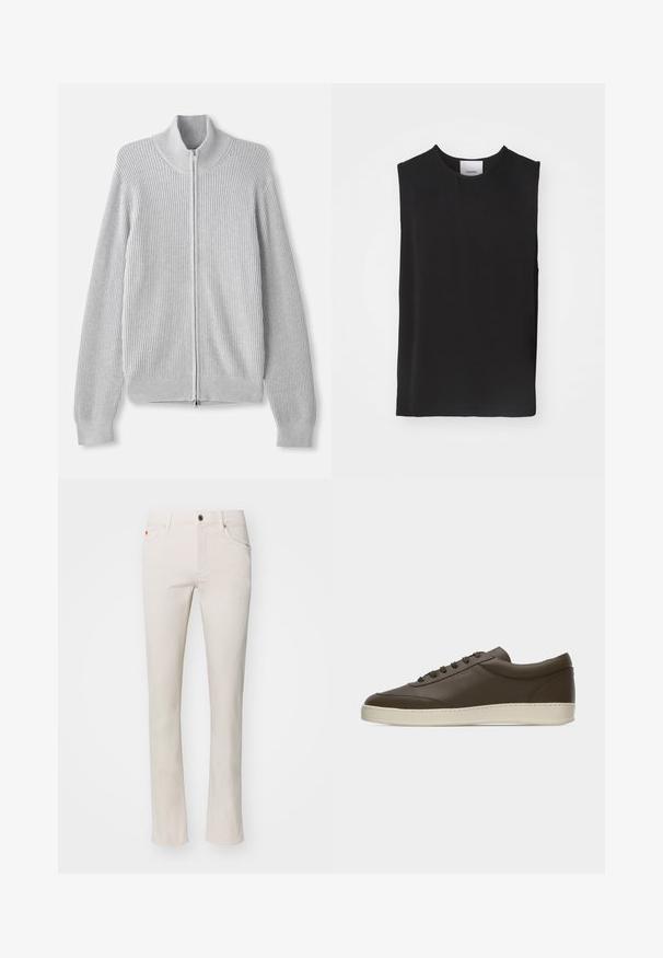 Grauer gerippter Pullover mit hohem Kragen und Reißverschluss, langen Ärmeln und strukturiertem Stoff. Einfaches Design und neutrale Farbe.; Schwarzes ärmelloses Top aus glattem Stoff, mit rundem Halsausschnitt und lockerer Passform, mit sauberen Nähten und ohne sichtbare Akzente oder Muster.; Beige Straight-Leg-Jeans aus einem Baumwoll-Mischgewebe. Mit traditionellem Fünf-Taschen-Design und Metallknopfverschluss am Bund.; Dunkelbrauner Sneaker aus Leder mit niedrigem Schaft, Schnürung an der Vorderseite und kremfarbenem Gummisohlenrand, von der Außenseite auf weißem Hintergrund gezeigt.