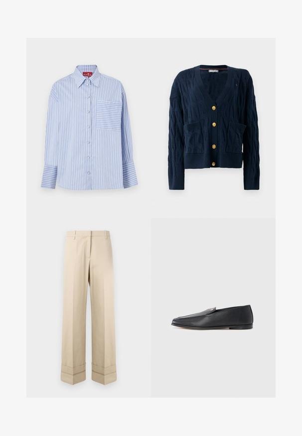 Cardigan de punto trenzado azul marino con escote en V, botones dorados y dos bolsillos frontales, con puños y dobladillo acanalados.; Camisa de rayas azul y blanca con cuello, mangas largas, botones en la parte frontal y un bolsillo en el pecho izquierdo con rayas a juego.; Pantalones beige de corte recto, con un doble puño en el dobladillo y un diseño de frente plano. Fabricados en una tela suave y duradera.; Mocasines de cuero negro con textura suave, punta redondeada y detalles de costura sutiles. Presentan un acento de logo dorado en el lateral superior.
