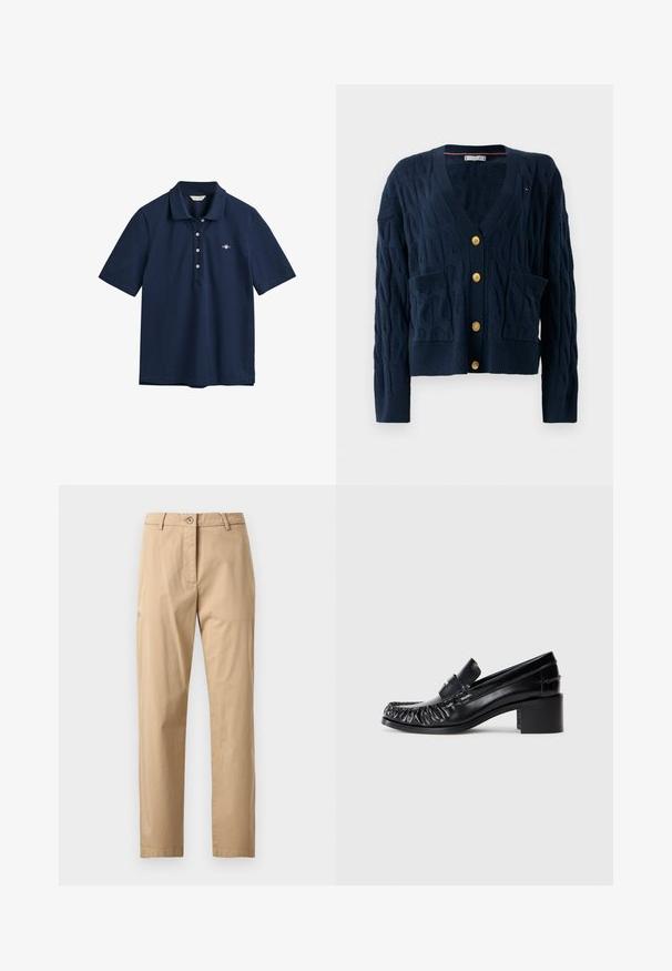 Cardigan en tricot torsadé bleu marine avec col en V, boutons dorés et deux poches avant, présentant des poignets et un ourlet côtelés.; Polo bleu marine en coton, avec un col classique, une patte de boutonnage à trois boutons et un petit logo brodé sur la poitrine.; Chinos beiges à texture lisse, coupe droite, taille avec fermeture à bouton et poches avant. Design minimaliste, sans motifs visibles.; Mocassins en cuir noir avec un devant froncé, bout rond et un talon carré. Présentent une bande décorative et des détails de couture le long des bords.