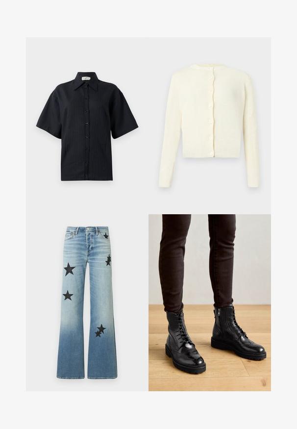 Kremfarvet strikket cardigan med lange ærmer, rund halsudskæring og seks knapper foran, vist mod en ensfarvet baggrund.; Sort knap-shirt med korte ærmer, der har et stribet mønster, spredt krave og frontknaplukning. Glat tekstur, afslappet pasform.; Lyseblå vidde jeans med sorte stjernepatches på forreste lår og underben, med forlommer og knaplukning.; Sorte læder ankelstøvler med brogue-detaljer, snørebånd foran, sideskafter og teksturerede gummisåler. Matchet med mørke slim-fit bukser.