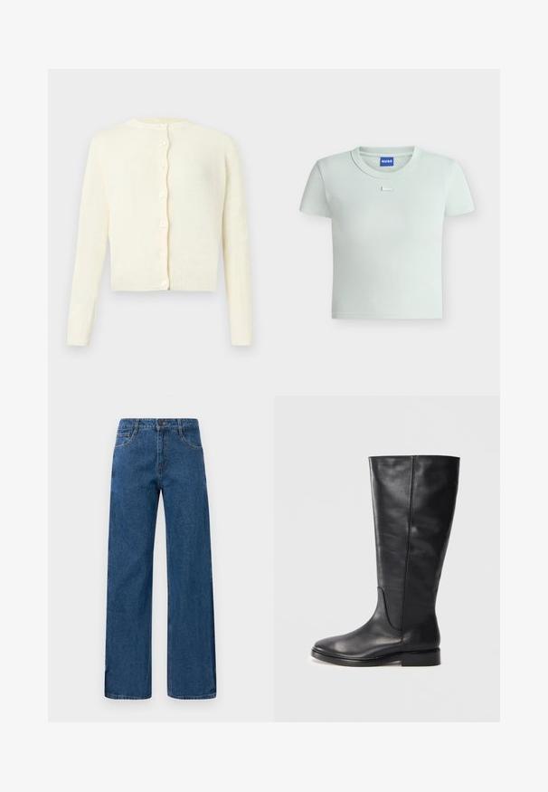 Kremfarvet strikket cardigan med lange ærmer, rund halsudskæring og seks knapper foran, vist mod en ensfarvet baggrund.; Lyse mintgrøn, ribbet, kortærmet cropped t-shirt med rund hals og lille "Hugo" logo patch midt på brystet.; Blå højtaljede vide ben-jeans med for- og baglommer, knaplukning og synlig syning på en hvid baggrund.; Sorte læderknæstøvler med lav hæl og rund tå, der viser syninger langs skaftet og vampen.