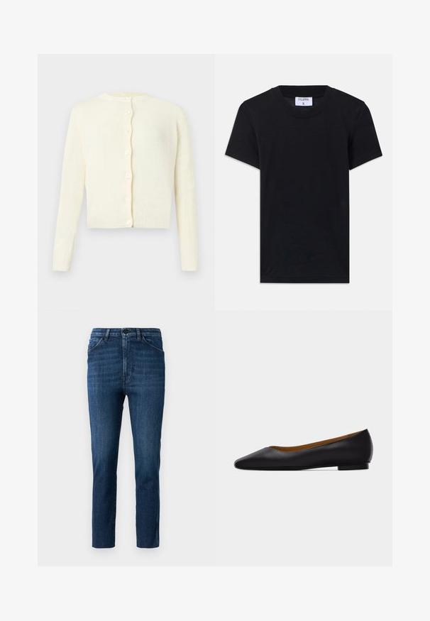 Kremfarvet strikket cardigan med lange ærmer, rund halsudskæring og seks knapper foran, vist mod en ensfarvet baggrund.; Sort bomulds T-shirt med rund hals, korte ærmer og en afslappet pasform. Etiketten viser "FILIPPA K" ved halsudskæringen.; Blå slim-fit jeans med klassisk fem-lomme design og knaplukning, med subtil fading og ren lige ben skæring.; Sort læder flad sko med spids tå, lav hæl og glat finish, vist fra siden på en lysegrå baggrund.