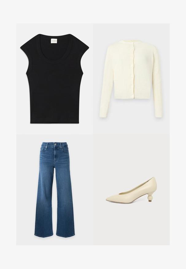 Cardigan tricoté de couleur crème avec manches longues, encolure ronde et six boutons sur le devant, présenté sur un fond uni.; Haut sans manches noir en tissu doux avec un col arrondi et une coupe ajustée. Présente une étiquette portant la mention "CLOSED" au niveau du cou.; Jean en denim bleu taille haute avec jambes larges, fermeture devant par bouton et zip, design classique cinq poches sur fond blanc.; Chaussure femme couleur crème à bout pointu avec un petit talon rond en forme de boule, sur fond uni.
