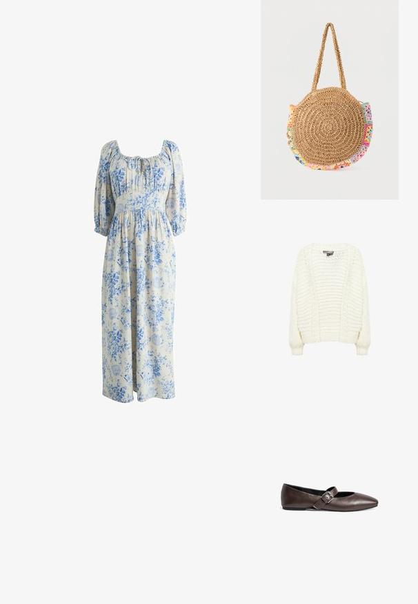 Chunky strikket hvid uld cardigan med lange ærmer og ribstrikkede manchetter, med åben front og tekstureret mønster.; Lysebeige maxikjole med blåt blomsterprint, pufærmer til albuerne, taljesamling og bindebånd ved halsen.; Brune læder flade sko med rund tå og en justerbar spænde rem over midtfoden. Glat tekstur og minimalistisk design.; Rund flettet stråhåndtaske med kort rem og flerfarvede hæklet detaljer rundt kanterne.