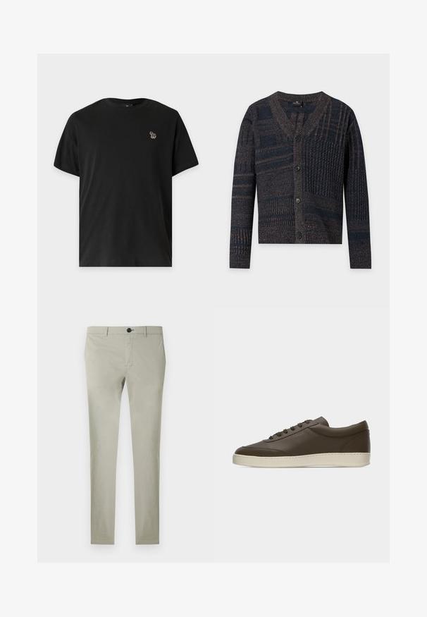 Cardigan gris foncé à boutons avec motifs de tricot mélangés et manches longues, doté d'un col en V et d'un design patchwork texturé.; T-shirt noir à manches courtes avec un petit logo zèbre multicolore sur la poitrine gauche sur un fond uni.; Chinos gris clair en coton avec une texture lisse, coupe droite, fermeture par boutons et poches avant.; Baskets basses en cuir marron foncé avec lacets sur le devant et semelle en caoutchouc couleur crème, vues de côté extérieur sur fond blanc.