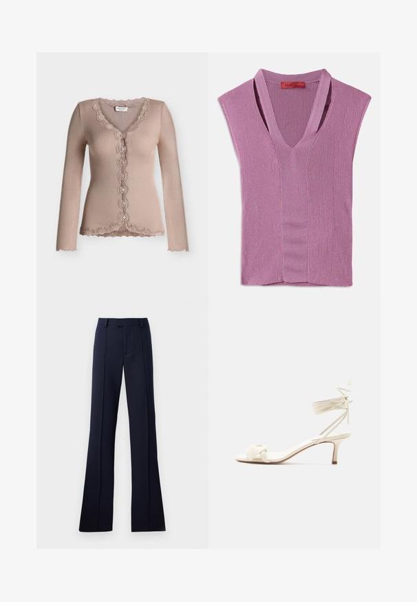 Cardigan beige côtelé à manches longues avec bordure en dentelle le long du col en V, boutonnage devant, poignets et ourlet.; Haut sans manches en tricot côtelé violet clair avec un détail de couture au centre, comportant une étiquette au niveau du cou.; Pantalons évasés bleu marine en tissu lisse. Présentent un devant plat, des passants de ceinture et des plis pressés. Aucun motif ni accent visible.; Sandale à talon bas de couleur crème avec des liens à nouer autour de la cheville et une large bride torsadée sur les orteils, sur un fond blanc uni.