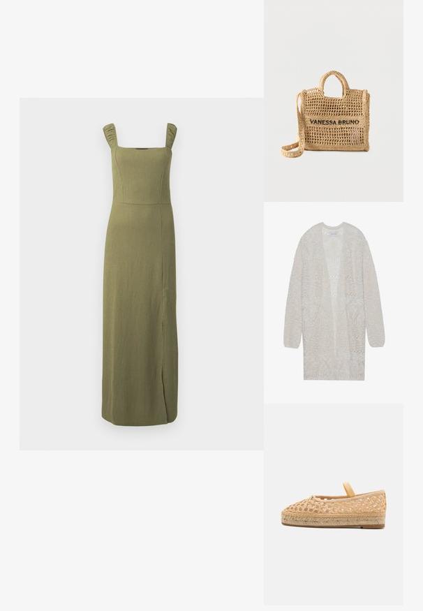 Åbenstrikket cardigan i lys beige. Har et tekstureret mønster med geometriske former, brede ærmer og en løs pasform.; Ærmeløs maxi-kjole i olivengrøn med firkantet udskæring, figursyet krop, brede skulderstropper og sidelomme på ensfarvet baggrund.; Loeffler Randall KAYLA - Espadrilles - natural; Vævet beige håndtaske med to håndtag, lang rem, åben vævning og "VANESSA BRUNO" broderet i sort på forsiden.