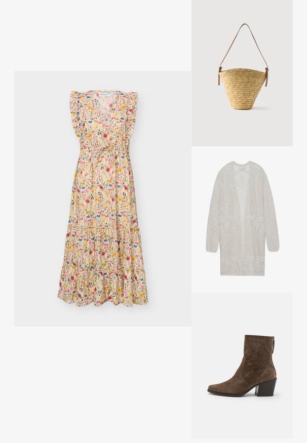 Cardigan en maille ouverte de couleur beige clair. Présente un motif texturé avec des formes géométriques, des manches larges et une coupe ample.; Robe maxi beige sans manches à fleurs avec épaules volantées, col en V, ceinture à la taille et détails de jupe à volants superposés.; Bottes à chevilles en suede marron avec un bout pointu, une fermeture éclair sur le côté et un talon épais. Présente une texture lisse et des détails de couture minimalistes.; Sac seau en paille tissée avec une base large, un sommet étroit et une bandoulière en cuir marron ajustable.