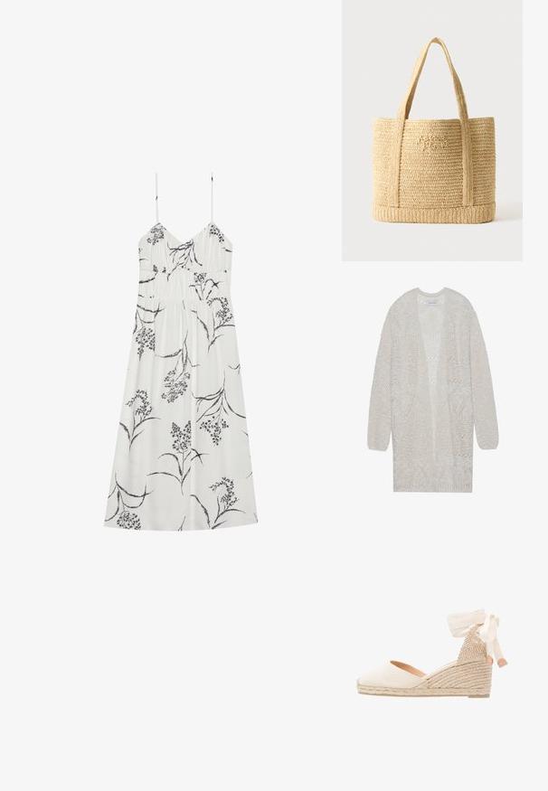 Cardigan en maille ouverte de couleur beige clair. Présente un motif texturé avec des formes géométriques, des manches larges et une coupe ample.; Robe blanche à fleurs avec bretelles fines, ornée de motifs botaniques noirs, corsage froncé et coupe décontractée, fabriquée en tissu léger.; Escarpin compensé en toile beige avec un dos texturé, un ruban de cheville crème et une semelle en jute tressé. Bout arrondi avec un léger talon.; Sac cabas en paille tressée beige avec deux bretelles et une broderie cursive subtile sur le devant, sur un fond uni.