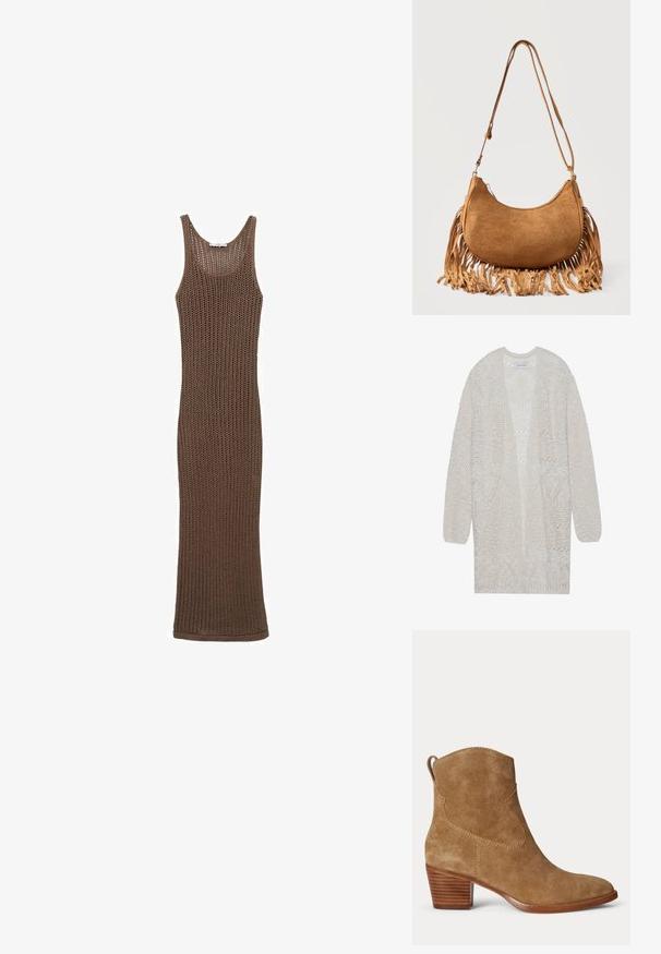 Cárdigan de punto abierto en beige claro. Presenta un patrón texturizado con formas geométricas, mangas anchas y un corte holgado.; Vestido sin mangas de punto de ganchillo marrón con una silueta ajustada, que presenta una textura de tejido abierto y un escote redondo.; Botín de ante marrón con tacón bajo de madera apilada y lengüeta en la parte trasera sobre un fondo liso y claro.; Bolso de hombro marrón de ante con forma de media luna, con correa larga y detalles de flecos a lo largo de los bordes inferiores sobre un fondo blanco.