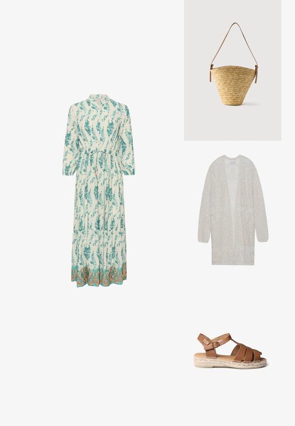Cárdigan de punto abierto en beige claro. Presenta un patrón texturizado con formas geométricas, mangas anchas y un corte holgado.; Vestido largo y ligero con un patrón floral en verde azulado y blanco. Presenta un escote alto, mangas largas y un dobladillo decorativo dorado.; Sandal de cuero marrón con suela de cuerda trenzada, que presenta un diseño de tiras, hebilla ajustable en el tobillo y textura suave.; Bolso tipo cubo de paja tejido con base ancha, parte superior estrecha y correa de hombro ajustable de cuero marrón.
