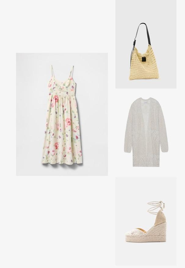 Åbenstrikket cardigan i lys beige. Har et tekstureret mønster med geometriske former, brede ærmer og en løs pasform.; Cremefarvet ærmeløs midi-kjole med pink, rød, lilla og grøn blomsterprint og tynde justerbare stropper.; Beige kileespadrille med flettet platform, blomstret blonder på tåen, lukket bagpå og ankelstropper med kvaster mod en hvid baggrund.; Beige vævet tote-taske med en sort justerbar skulderrem og en lille sort rektangulær patch foran.
