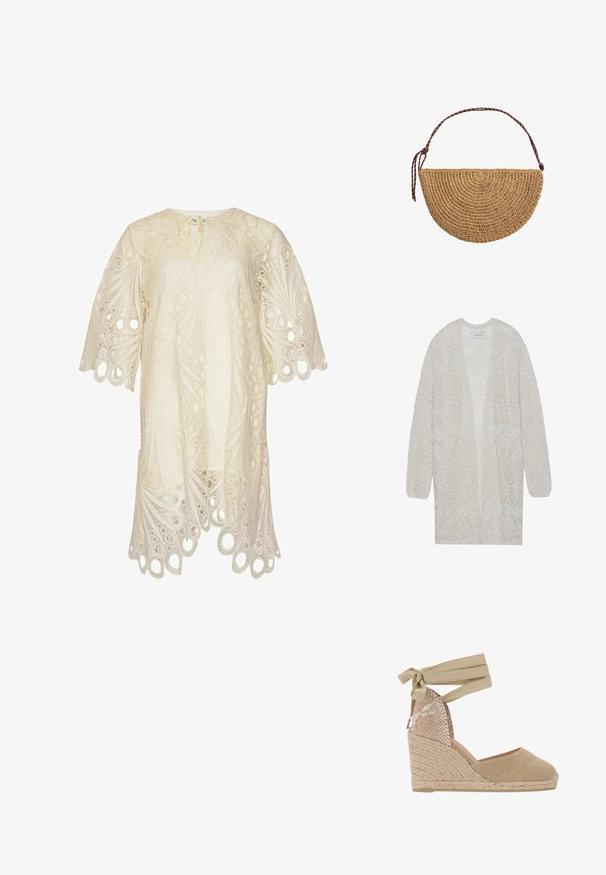 Cardigan en maille ouverte de couleur beige clair. Présente un motif texturé avec des formes géométriques, des manches larges et une coupe ample.; Robe en dentelle crème avec des motifs de découpes circulaires, un ourlet festonné et de larges manches courtes, dotée d'une petite fermeture à nouer au niveau de l'encolure.; Sandale compensée espadrille beige avec un dessus en tissu tissé texturé, des lacets à nouer autour de la cheville et une semelle plateforme en jute.; Sac à main en paille tressée en forme de demi-lune avec une bandoulière marron réglable nouée à une extrémité sur fond blanc.