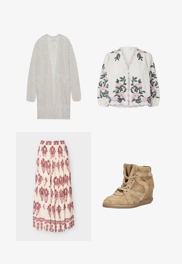 Cardigan en maille ouverte de couleur beige clair. Présente un motif texturé avec des formes géométriques, des manches larges et une coupe ample.; Blouse crème à manches longues avec bords festonnés et broderies florales roses et vertes sur le devant et les manches.; Jupe maxi crème avec imprimés bordure paisley bordeaux et floral, avec volants froncés et taille élastique.; Baskets compensées en daim beige avec détails perforés, fermeture à lacets sur le devant et bout rond. Elles disposent d'un col rembourré et d'une semelle en caoutchouc texturée.