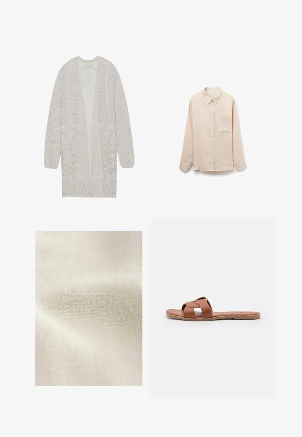 Cárdigan de punto abierto en beige claro. Presenta un patrón texturizado con formas geométricas, mangas anchas y un corte holgado.; Camisa beige de manga larga con botones, cuello y un solo bolsillo en el pecho, mostrada sobre fondo blanco.; Tejido texturizado de color beige claro con un patrón tejido, que muestra sutiles variaciones en color y detalle en la superficie. Textura suave y lisa en general.; Sandalias planas marrones hechas de cuero suave con un diseño de tiras cruzadas, que cuentan con una suela plana y un estilo minimalista.