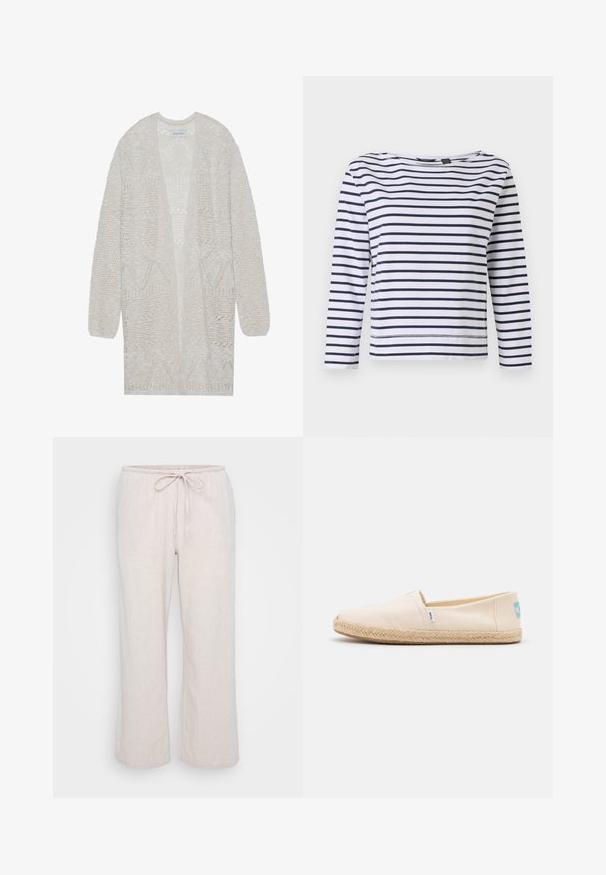 Cárdigan de punto abierto en beige claro. Presenta un patrón texturizado con formas geométricas, mangas anchas y un corte holgado.; Top de rayas de manga larga en blanco y azul marino, con escote barco y un corte relajado. Fabricado en suave material de algodón con dobladillos cosidos.; Pantalones de tejido ligero en beige claro, con cinturilla elástica y cordón. Silueta holgada y de pierna ancha con un sutil patrón texturizado.; Zapatilla de lona beige sin cordones con suela de yute trenzado, que presenta una pequeña etiqueta azul en el talón y un diseño liso y minimalista.