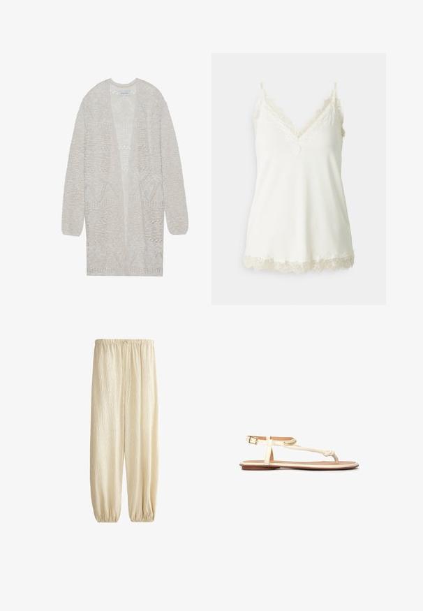 Cardigan en maille ouverte de couleur beige clair. Présente un motif texturé avec des formes géométriques, des manches larges et une coupe ample.; Camisole blanche avec un décolleté en V, délicate bordure en dentelle le long des bretelles et de l'ourlet, et une texture lisse et douce. Tissu léger.; Pantalon en tissu froissé beige clair avec taille élastique, cordon de serrage et poignets élastiques aux chevilles.; Sandales ouvertes couleur beige clair avec un design de lanières tressées, boucle de cheville ajustable et semelle plate marron. Matériau lisse et accents minimaux.