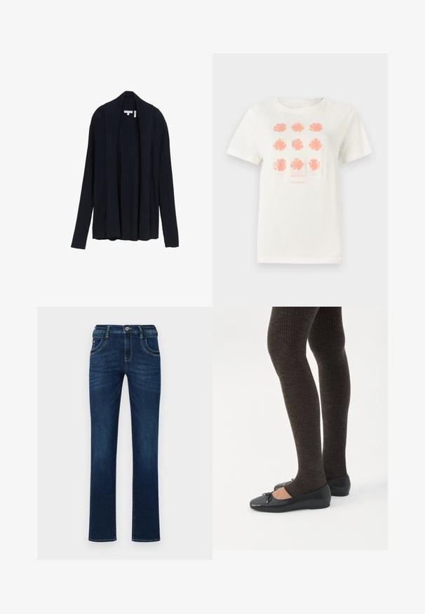 Mørkeblå cardigan med ribbet tekstur, åben front, lange ærmer og sjalskrave. Har et glat, strækbart stof.; Hvid bomulds t-shirt med ni blomsterdesigns i koralfarve, med "TOM TAILOR" trykt nedenfor i en matchende farve. Korte ærmer, rund hals.; Mørkeblå denim jeans med lige ben, fem lomme-design og standard knaplukning. Har diskrete syninger.; Ben iført mørke ribbede leggings kombineret med sorte balletsko med små sløjfedetaljer på hvid baggrund.
