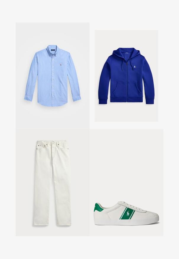 Blauer Zip-up-Hoodie mit Fronttaschen, Kordelzug an der Kapuze und kleinem weißen Polo Ralph Lauren-Logo auf der linken Brust.; Gestreifte Langarm-Baumwollhemd in Blau und Weiß mit spitzem Kragen und Logo-Emblem auf der Brust. Das Material hat eine glatte Textur.; Weiße Denim-Jeans mit geradem Schnitt, ausgestattet mit fünf Taschen, Metallknöpfen und Ziernähten entlang der Nähte. Glatte Textur.; Weißer Sneaker in Low-Top-Form mit grünem Streifen und Polo-Logo an der Seite, grünem Fersenlaschen und weißen Schnürsenkeln, von der linken Seite vor neutralem Hintergrund dargestellt.