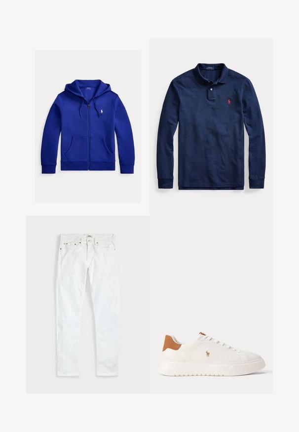 Blauwe zip-up hoodie met zakken aan de voorkant, trekkoord in de capuchon en een klein wit Polo Ralph Lauren-logo op de linkerborst.; Marineblauw poloshirt met lange mouwen, kraag, knoopsluiting met twee knopen en een klein rood geborduurd logo op de linkerborst.; Witte slim-fit jeans met vijf zakken, knoopsluiting en riemlussen, plat gelegd op een effen lichte achtergrond.; Witte lage sneaker met beige hieltab, witte veters en klein geborduurd polo spelerlogo aan de zijkant boven een dikke zool.