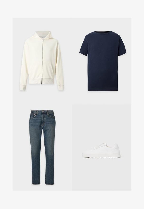 Sweat à capuche zippé côtelé blanc cassé avec poches devant et manches longues, présenté sur un fond clair uni.; T-shirt uni bleu foncé à manches courtes avec col rond, posé à plat sur un fond gris clair.; Jean bleu droit en denim avec une coupe classique à cinq poches et une fermeture par bouton sur un fond clair uni.; Sneaker blanc avec une tige en cuir lisse, bout rond, lacets, accents latéraux texturés et une épaisse semelle en caoutchouc. Design minimaliste.