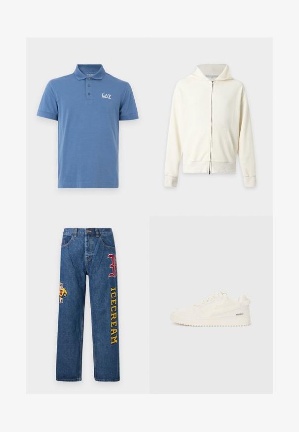 Sweat à capuche zippé côtelé blanc cassé avec poches devant et manches longues, présenté sur un fond clair uni.; Polo bleu à manches courtes avec trois boutons et logo EA7 Emporio Armani blanc sur la poitrine gauche.; Jean en denim bleu clair à coupe ample. Présente un chien brodé sur la jambe gauche et le texte "ICECREAM" en jaune sur la jambe droite.; Baskets blanches avec un cuir texturé et des accents lisses. Elles présentent une boîte à orteils perforée, des lacets plats et un estampillage "#XR330" sur le côté.
