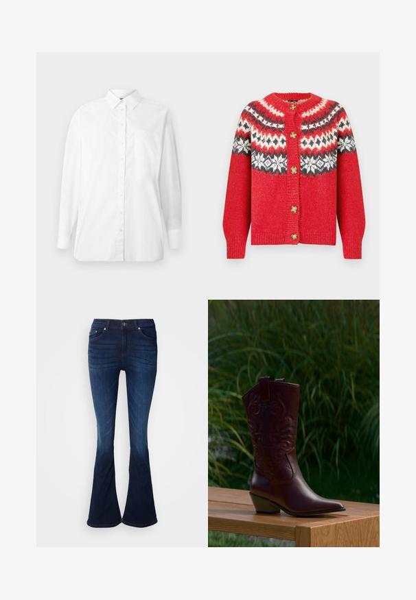 Rood wollen vest met een patroon op het schouderstuk in wit, zwart en donkerrood, vier koperen knopen en geribbelde manchetten. Zachte textuur, comfortabele pasvorm.; Witte langhuisshirt met knopen en kraag, met een borstzak, weergegeven tegen een eenvoudige witte achtergrond.; Uitlopende donkerblauwe denim jeans met een gladde textuur, vijf zakken en knoopsluiting. Kenmerkt zich door een geleidelijke verheldering naar de zoom toe.; Donkerbruine leren cowboylaars met geborduurde patronen, lage schuine hak en aantreklapjes, geplaatst op een houten bank met groene planten op de achtergrond.