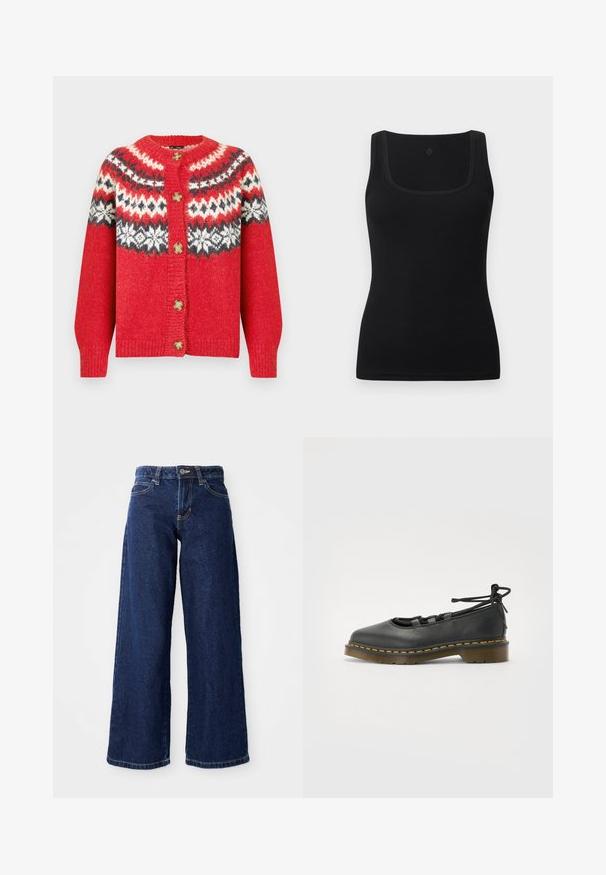 Rood wollen vest met een patroon op het schouderstuk in wit, zwart en donkerrood, vier koperen knopen en geribbelde manchetten. Zachte textuur, comfortabele pasvorm.; Zwart aansluitend tanktopje van gladde stof met een vierkante halslijn en brede bandjes; geen zichtbare patronen of accenten.; Donkerblauwe wijde spijkerbroek van denim, met een knoop- en ritssluiting, riemlussen en klassieke vijf-pocketontwerp.; Zwarte leren schoen met een ronde neus, lage hak, vetersluiting en gele stiksels langs de zool. Soepele textuur met een matte afwerking.