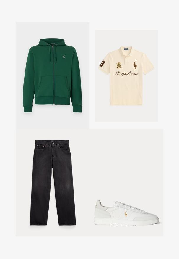 Tmavozelená mikina na zips s prednými vreckami, kapucňou so šnúrkou a malým bielym vyšivaným logom na ľavej strane hrude.; Krémové polo tričko s nápisom Ralph Lauren, vyšívaným logom hráča póla, číslom 3 na rukáve a erbom s korunou na hrudi.; Čierne rifle s rovnými nohavicami, piatimi vreckami, zapínaním na gombíky a viditeľnými kovovými nitmi na predných vreckách.; Biela nízka teniska so šnurovaním, zlaté logo Polo Ralph Lauren na boku a textúrovaná podrážka na jednofarebnom pozadí.