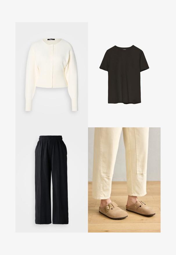 Cremefarvet cropped cardigan lavet af blødt materiale, med rund hals, lange ærmer og en række knapper ned foran.; Enkelt sort T-shirt med korte ærmer og rund hals, vist mod en hvid baggrund.; Sorte brede bukser med elastisk linning, lavet af blødt stof, der har en glat tekstur og rene designlinjer.; Tan ruskinds-sandaler med en bred strop og gyldent spænde, tekstureret overflade og brun gummisål; båret med løse elfenbenfarvede tapered bukser.