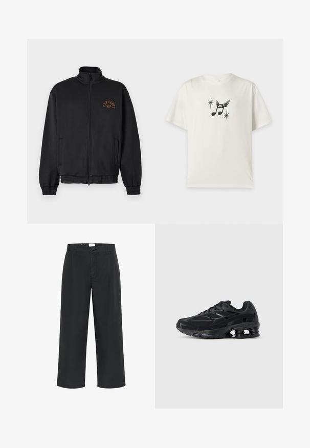 Schwarze Jacke mit Reißverschluss, hohem Kragen, elastischen Bündchen und braunem "Carhartt WIP"-Logo auf der linken Brust.; Weißes T-Shirt mit kurzen Ärmeln, schwarzer Grafik von Musiknoten mit Flügeln und Nike SB-Logo, flankiert von zwei sternähnlichen Formen.; Matinique MACHINO PLEAT 73 - Stoffhose - black; Schwarzer Sportschuh mit Obermaterial aus Mesh, gepolstertem Kragen und hervorgehobener Dämpfungstechnologie an der Ferse. Verfügt über strukturierte Akzente und Schnürsenkel.