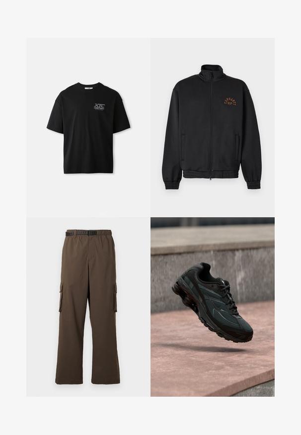 Chaqueta negra con cremallera, cuello alto, puños elásticos y logotipo "Carhartt WIP" en marrón en el lado izquierdo del pecho.; Camiseta de algodón negra de manga corta con cuello redondo y un logo blanco "XTC VERTERE" en la zona del pecho izquierdo. Textura suave.; Pantalones cargo marrones de corte holgado, con cintura elástica y dos bolsillos laterales. Incluyen un cinturón negro con diseño, de textura suave.; Zapatilla deportiva negra con entresuela visible con amortiguación de aire que flota sobre una superficie de piedra rosa con un fondo de pared de piedra gris.