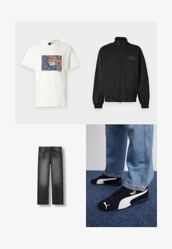 Veste noire zippée avec col montant, poignets élastiques et logo "Carhartt WIP" marron sur la poitrine gauche.; T-shirt en coton crème avec une impression graphique rectangulaire de fleurs et d'un objet bleu sur un fond brun texturé. Étiquette noire au niveau du col.; Jeans noirs délavés à coupe droite avec fermeture à bouton et fermeture éclair à l'avant, passants de ceinture et design à cinq poches, présentés sur fond blanc.; Baskets en daim noir avec accents blancs, arborant un logo doré. Portées avec un jean en denim bleu clair et posées sur une surface bleue texturée.
