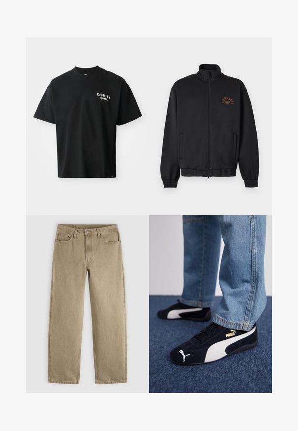Schwarze Jacke mit Reißverschluss, hohem Kragen, elastischen Bündchen und braunem "Carhartt WIP"-Logo auf der linken Brust.; Schwarzes T-Shirt mit kurzen Ärmeln aus Baumwolle und lockerer Passform. Auf der Vorderseite befindet sich ein weißes "Dickies"-Logo. Rundhalsausschnitt, einfarbig.; Beige Jeans mit geradem Bein, vorderen Taschen, Gürtelschlaufen, Knopfverschluss und sichtbaren Nähten auf hellgrauem Hintergrund.; Schwarze Wildledersneaker mit weißen Akzenten und einem goldenen Logo. Getragen mit hellblauen Jeans und auf einer strukturierten blauen Oberfläche platziert.