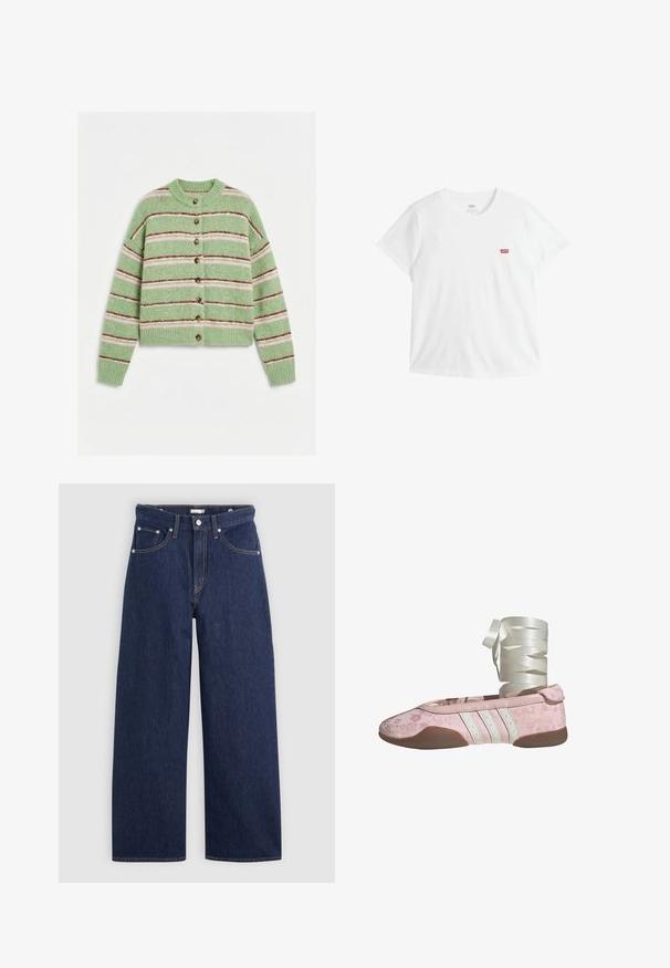 Grøn strikket cardigan med lyserøde og mørkerøde vandrette striber, brune knapper, lange ærmer og ribbet krave, manchetter og kant.; Hvid bomuld T-shirt med korte ærmer og rund hals. Har en lille rød Levi's-logo på venstre bryst. Glat tekstur.; Mørkeblå denim brede ben jeans med høj talje, der har fem lommer, bæltestropper og detaljer med kobber stikninger. Glat tekstur.; Lyserød balletsko med blomstermønster, hvide læderdetaljer og tre hvide striber. Har en blød sål og bånd til snøring.