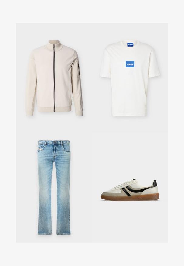 Beige Jacke mit durchgehendem Reißverschluss, geripptem Kragen, Bündchen und Saum sowie einer mit Reißverschluss versehenen Tasche am linken oberen Ärmel.; Weißes T-Shirt mit kurzen Ärmeln und Rundhalsausschnitt, mit einem blauen rechteckigen Logo mit der Aufschrift "HUGO" zentriert auf der Brust und im inneren Kragen.; Helleblaue Denim-Jeans mit geradem Schnitt, Fünf-Taschen-Design und leichter Ausbleichung. Mit metallischem Knopf und Reißverschlussverschluss.; Niedrigprofiliger weißer und beiger Sneaker mit schwarzem Streifendetail, brauner Gummisohle und BOSS-Logo an der Seite, fotografiert vor weißem Hintergrund.