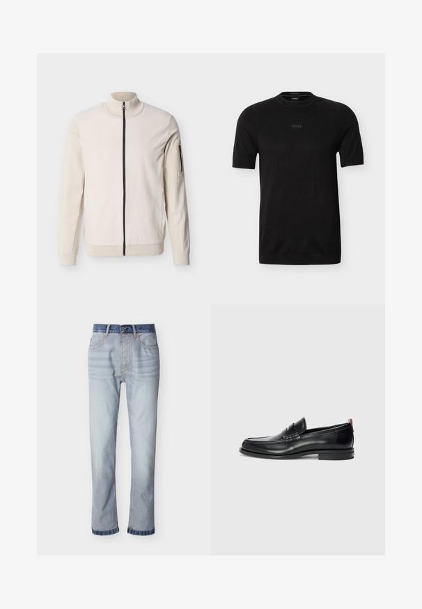 Beige jakke med fuld lynlås, ribstrikket krave, manchetter, kant og lynlåslomme på venstre overarm.; Sort kortærmet T-shirt med rund hals og det diskrete "BOSS"-logo centreret på brystet, lavet af fint strikstof.; Lyseblå denimjeans med mørkeblå linning, design med lige ben, fem lommer og synlige syningsdetaljer.; Sorte læder loafer-sko med et strømlinet design, rund tå, tekstureret detalje på vampsen og en gummisål for godt greb. Bagtil er der en løkke.