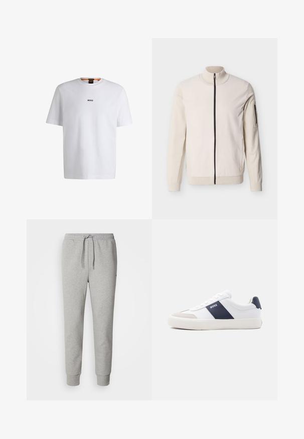 Veste beige à fermeture éclair intégrale avec col, poignets, ourlet côtelés et poche zippée sur la partie supérieure gauche de la manche.; T-shirt en coton blanc à manches courtes, avec un logo noir "BOSS" centré sur la poitrine et un design à col rond.; Pantalon de survêtement gris en tissu doux. Caractérisé par une taille élastique avec cordon de serrage, des poignets côtelés et une coupe droite. Sans motifs ni logos visibles.; Baskets blanches basses avec une bande latérale marine, logo "BOSS", bout beige et semelle blanche, présentées de profil sur un fond clair.