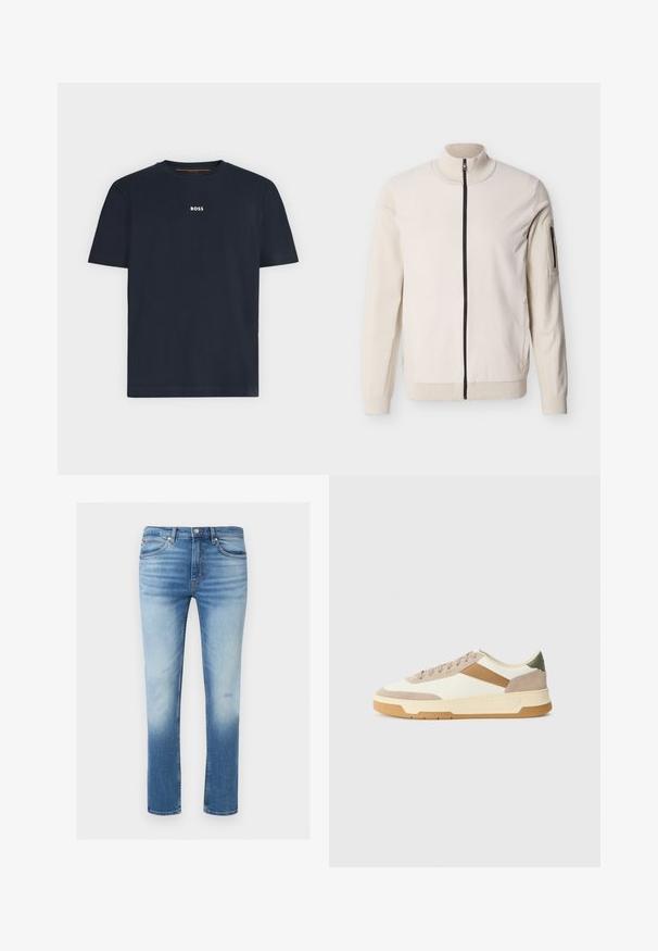 Beige Jacke mit durchgehendem Reißverschluss, geripptem Kragen, Bündchen und Saum sowie einer mit Reißverschluss versehenen Tasche am linken oberen Ärmel.; Marineblaues Kurzarm-T-Shirt mit Rundhalsausschnitt und kleinem weißen "BOSS"-Logo mittig auf der Brust.; Herren Slim-Fit blaue Jeans mit verblasster Vorderseite, klassischem Fünf-Taschen-Design, Knopfverschluss und Gürtelschlaufen.; Sneaker in Beige, Creme und Olivgrün, aus Wildleder und Leder, mit runder Zehenpartie, minimalistischem Design und Gummisohle.