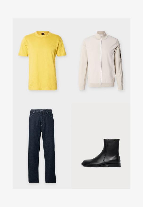 Veste beige à fermeture éclair intégrale avec col, poignets, ourlet côtelés et poche zippée sur la partie supérieure gauche de la manche.; T-shirt jaune à manches courtes et col rond avec un logo BOSS discret sur la poitrine gauche et une étiquette de col noire.; Jean en denim foncé avec une coupe droite, cinq poches, des accents de couture bleue et une fermeture à boutons. Propre, sans motifs visibles.; Bottine en cuir noir à talon bas, couture latérale et petit logo "HUGO" sur le revers supérieur sur un fond uni.