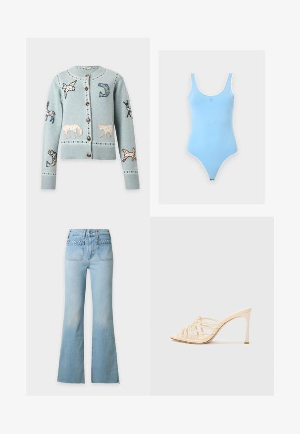 Cardigan bleu clair boutonné avec des animaux brodés dont un oiseau, un cheval, une vache, un chien, ainsi que des motifs décoratifs sur les manches et le devant.; Body sans manches bleu clair avec encolure dégagée et bordure blanche, avec un petit logo centré sur la poitrine.; Jean en denim bleu clair taille haute avec jambes évasées et poches plaquées à l'avant ornées d'un détail de bordure tressée.; Mules à talons hauts beiges avec un design à lanières. Présentent un bout carré, une texture lisse et un talon élancé avec un accent doré à la base.
